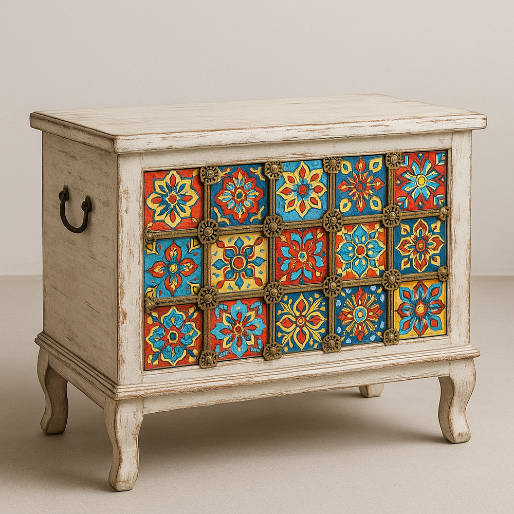 Coffre de rangement bois multicolore motifs géométriques