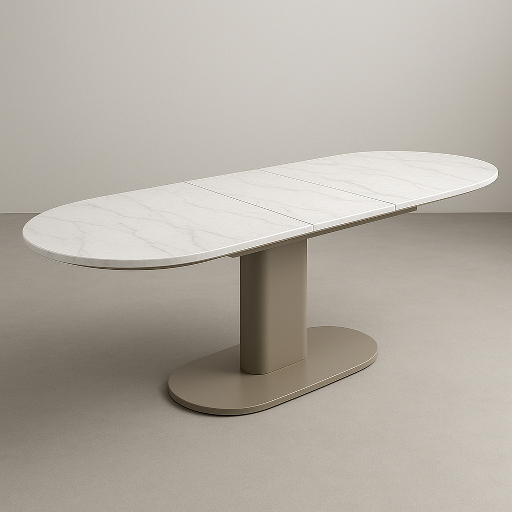 Table à manger ovale extensible plateau marbre blanc pied central métal beige 200-260 x 100 cm