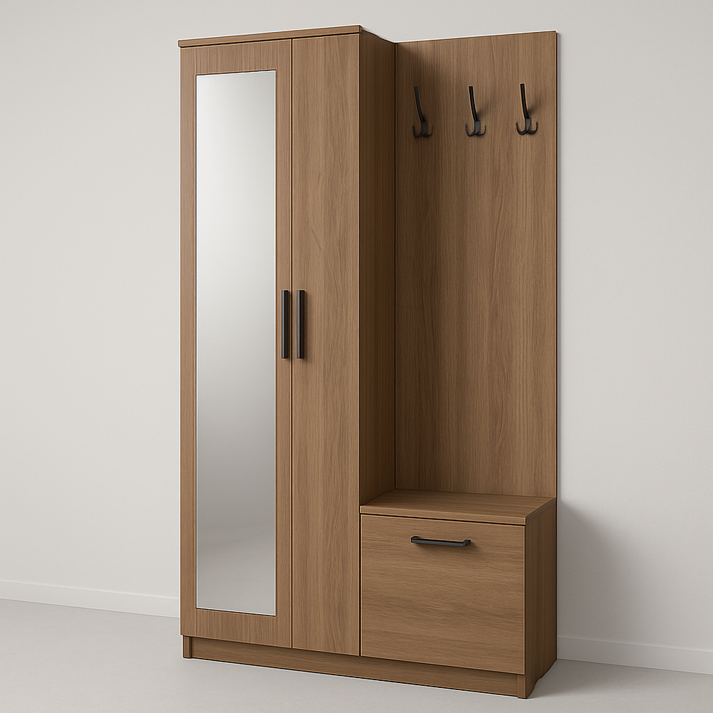 Armoire d'entrée avec miroir et crochets en bois MDF Chêne 180x150x40cm