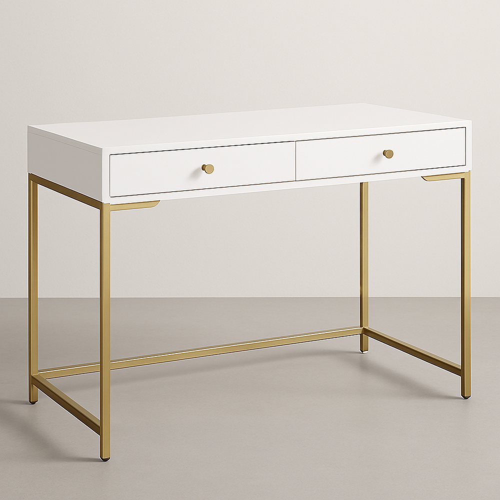 Bureau rectangulaire en bois blanc et métal doré 2 tiroirs 120x50x75cm