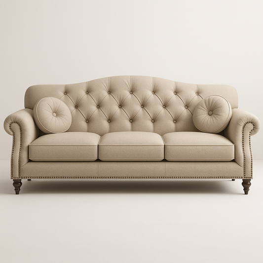 Canapé trois places 200cm Beige Tissu capitonné Clous de tapissier