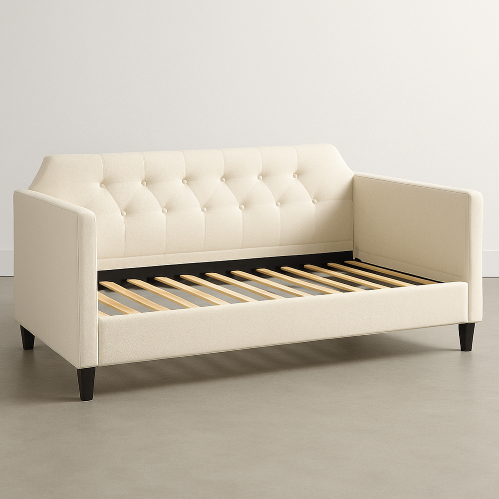Banquette éclairée beige en tissu avec lattes en bois 200x90cm