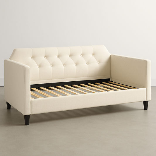 Banquette éclairée beige en tissu avec lattes en bois 200x90cm