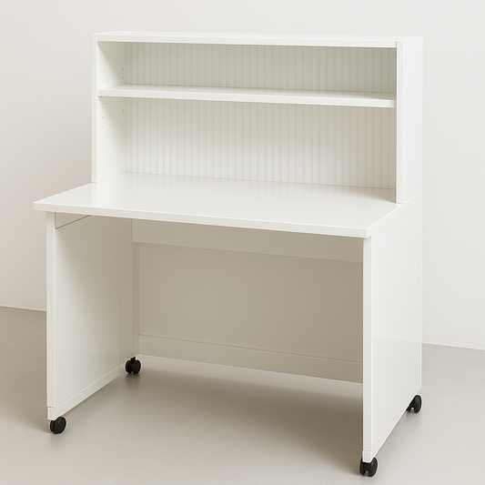 Bureau Blanc avec Étagères Intégrées et Roulettes