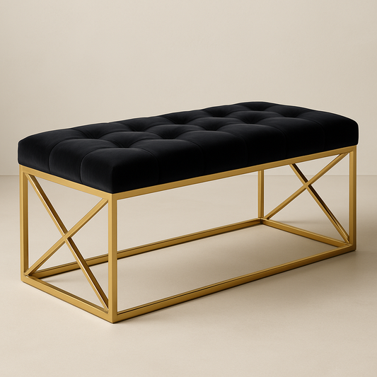 Banc rembourré en velours Noir structure métallique doré 120x45x45cm
