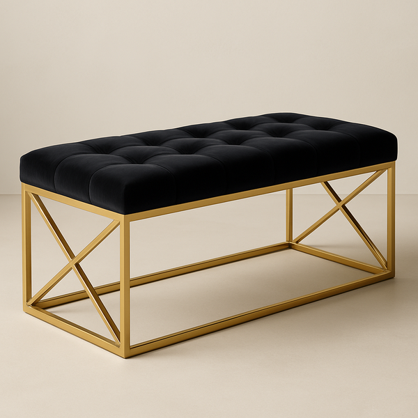 Banc rembourré en velours Noir structure métallique doré 120x45x45cm