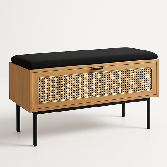 Banc de rangement bois et rotin 100x45x40cm avec coussin tissu noir