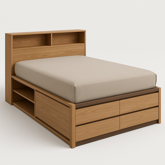 Lit en bois avec rangements étagère et tiroirs chêne clair 140x200cm