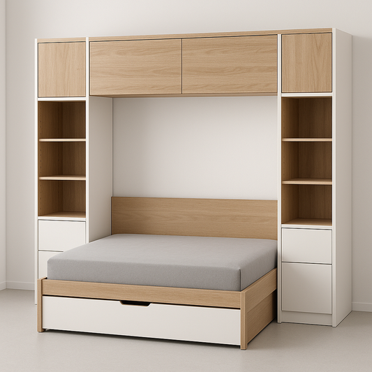 Ensemble Lit Multifonction Bois Mélaminé 200x140cm Chêne/Blanc