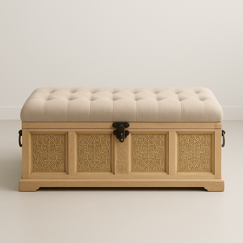 Coffre de rangement en bois sculpté avec coussin rembourré 100cm Beige Rectangulaire