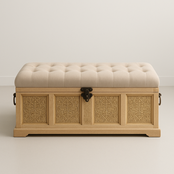 Coffre de rangement en bois sculpté avec coussin rembourré 100cm Beige Rectangulaire