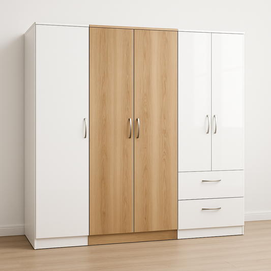 Armoire à trois portes avec tiroirs blanc/chêne bois MDF 200x180x60cm