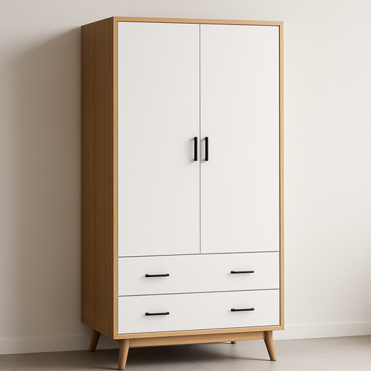 Armoire en Bois Panneau MDF 180x90x50 cm avec 2 Portes 2 Tiroirs Design Moderne Blanc/Chêne