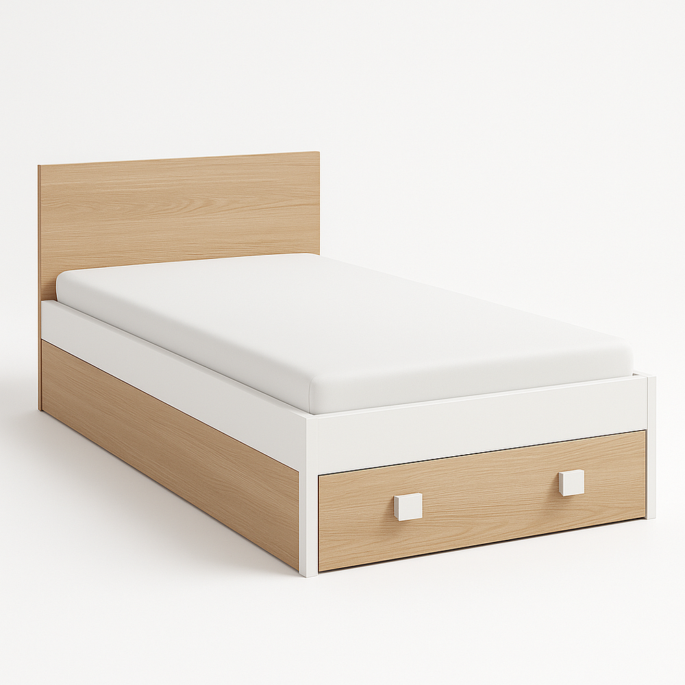 Lit simple bois aggloméré avec tiroir 90x200 cm Blanc/Chêne