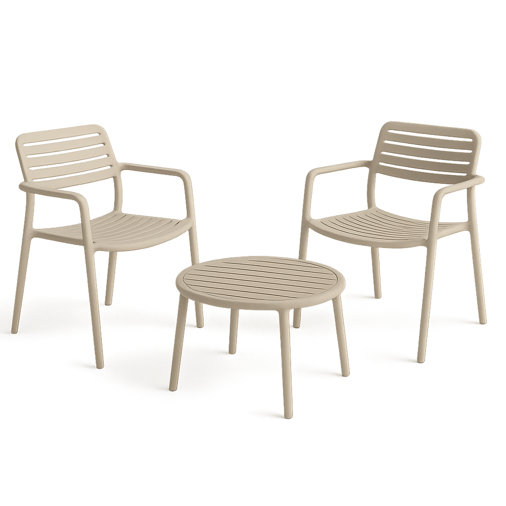 Ensemble de jardin 3 pièces en plastique beige avec chaises et table ronde