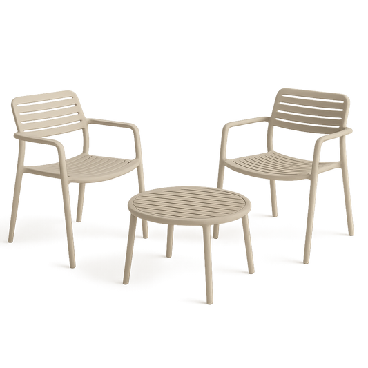Ensemble de jardin 3 pièces en plastique beige avec chaises et table ronde