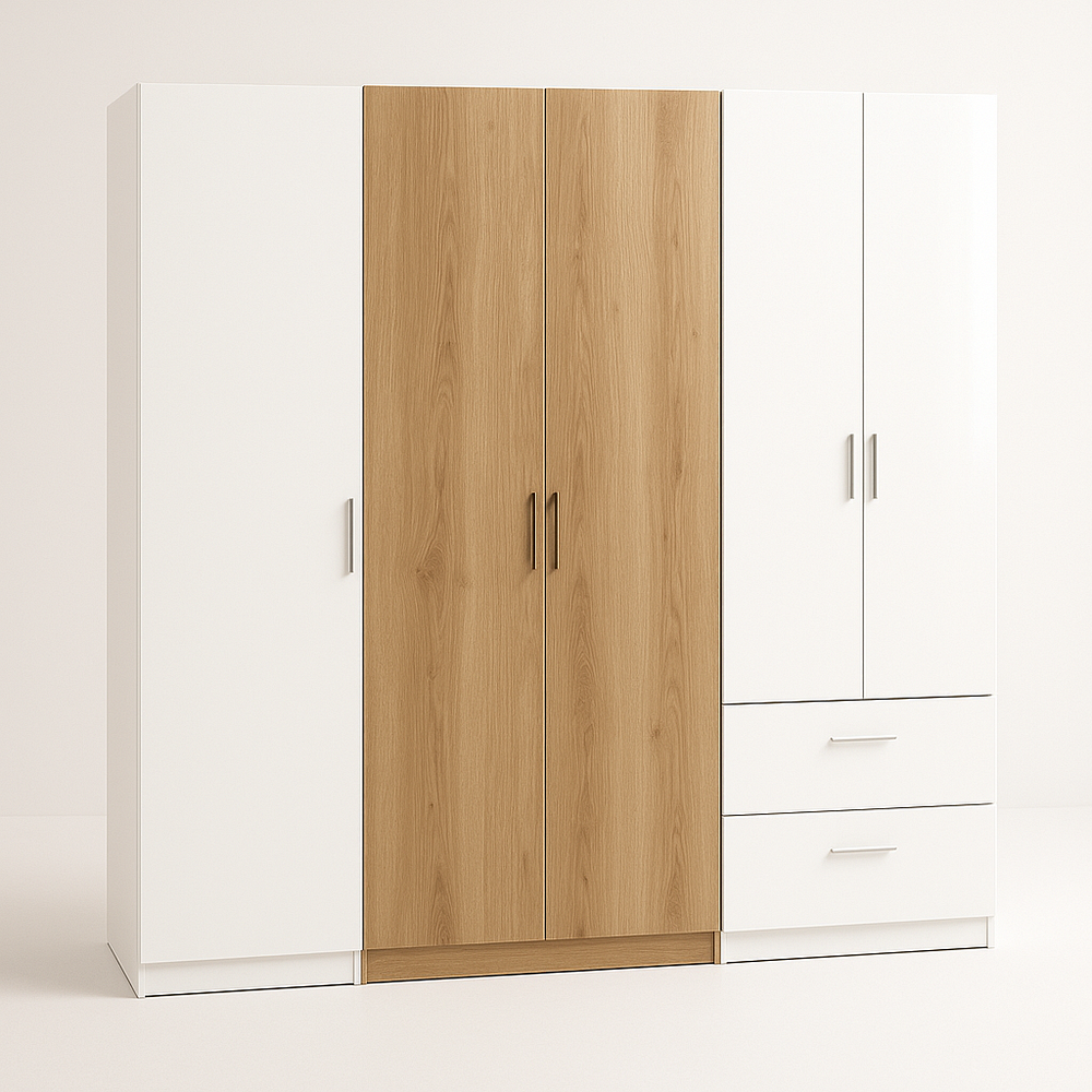 Armoire en bois aggloméré 180x200x60cm placard avec tiroirs blanc/chêne