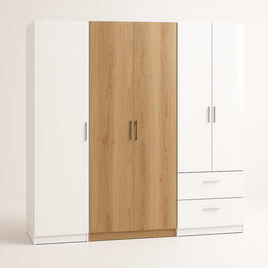 Armoire en bois aggloméré 180x200x60cm placard avec tiroirs blanc/chêne