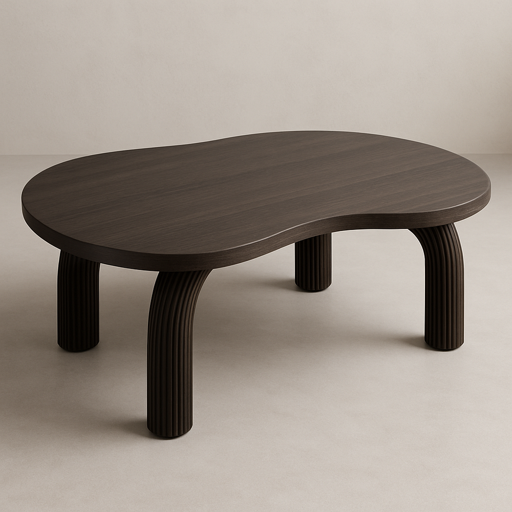 Table basse bois forme organique chocolat pieds en bois cannelés 120x80x40 cm