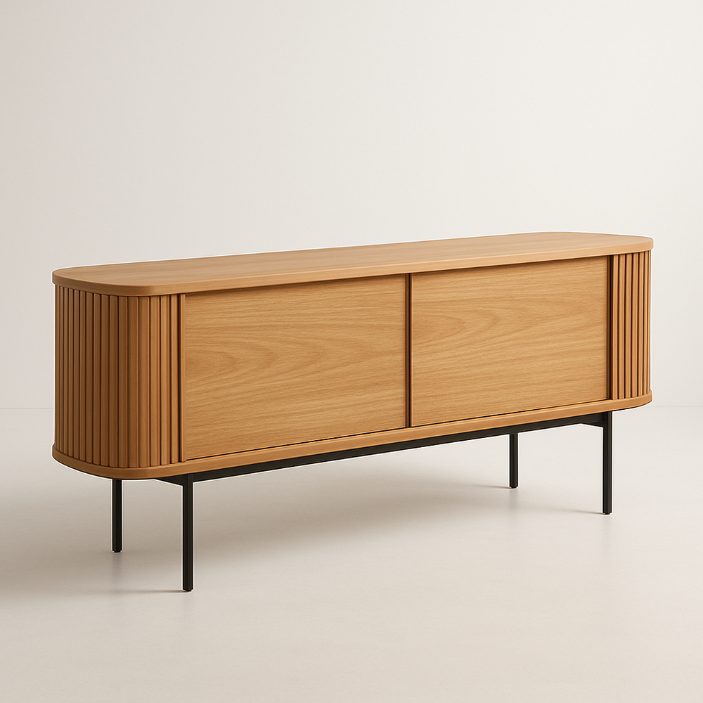 Buffet en bois d'ingénierie placage chêne pieds métal rectangulaire 180 cm