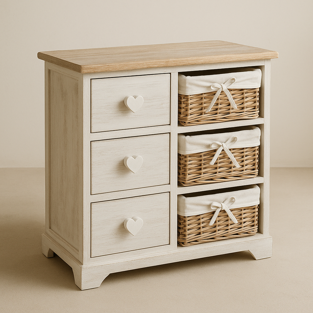 Commode en Bois avec Tiroirs et Paniers en Osier Blanc/Beige