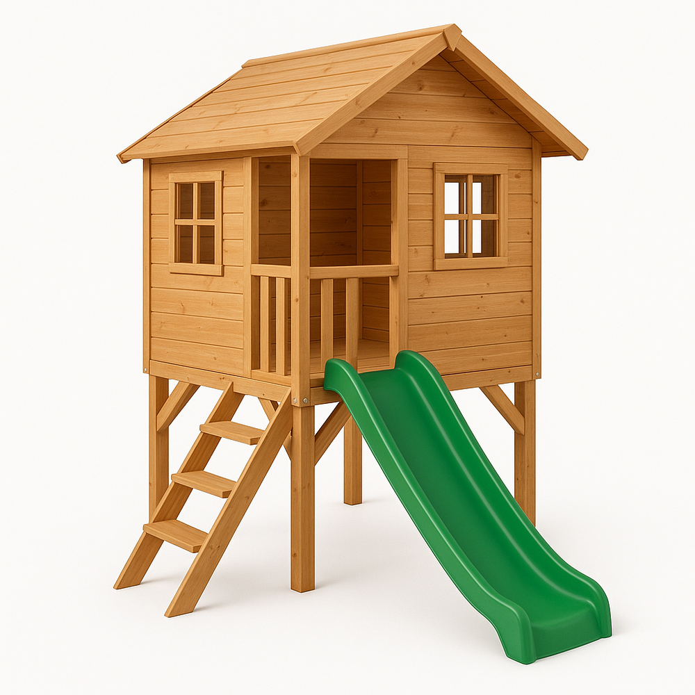 Cabane de jeu en bois avec toboggan vert bois naturel 150x120x210 cm