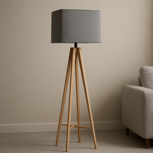 Lampadaire trépied en bois avec abat-jour rectangulaire tissu gris 150cm