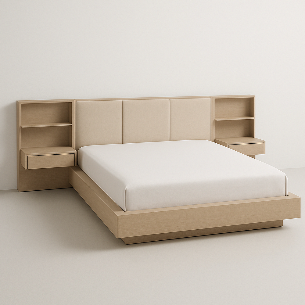 Lit double rectangulaire en bois clair avec étagères et tête rembourrée – 300×210×100 cm