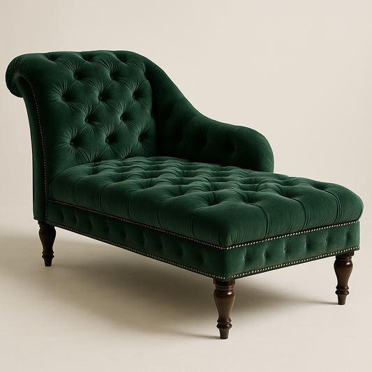 Méridienne 180x80cm Vert Velours Siège Long Matelassé Bois