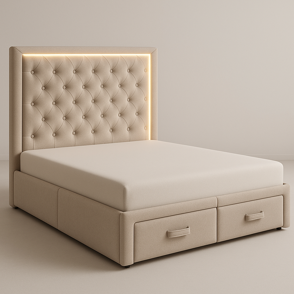 Lit avec tête de lit matelassée éclairée et tiroirs de rangement 160x200 cm Beige