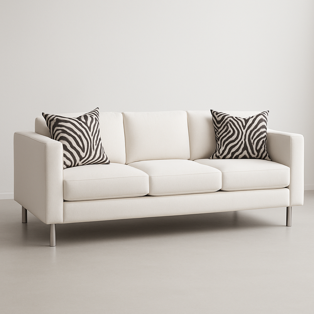 Canapé 3 places tissu beige coussins zèbre