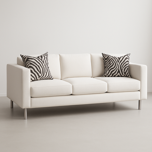 Canapé 3 places tissu beige coussins zèbre