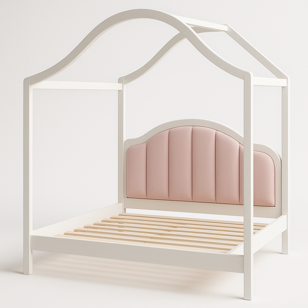 Lit à baldaquin en bois matelassé Rose/Blanc