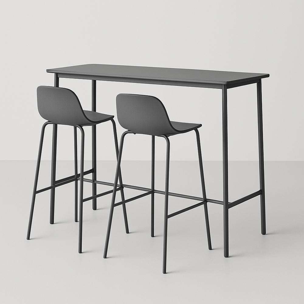 Table haute rectangulaire en métal noir avec deux tabourets assortis