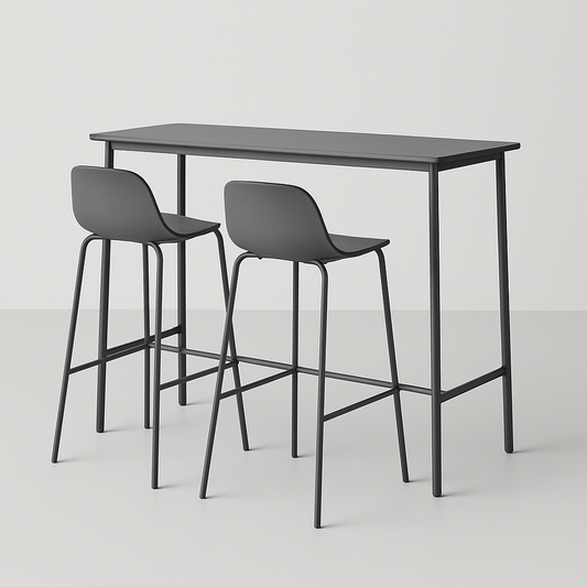 Table haute rectangulaire en métal noir avec deux tabourets assortis