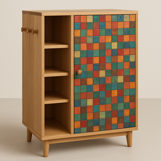 Armoire en bois avec carrés motifs multicolores à une porte et quatre étagères chêne/multicolore