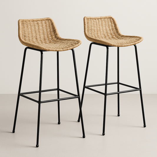 Tabouret de Bar Métal Noir et Assise Tressée 2 Pièces