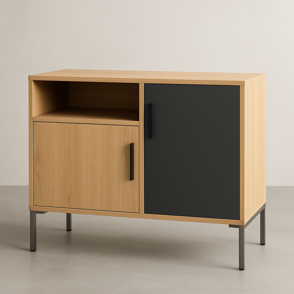 Buffet 2 Portes en Bois Clair/Noir Métal 100x80x40cm Rectangulaire Contemporain Chêne/Acier