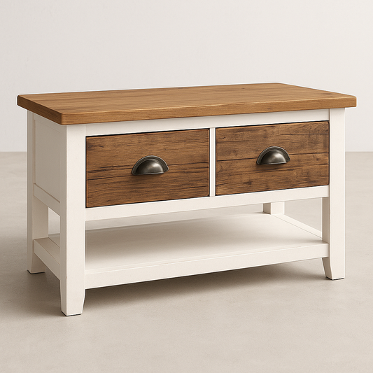 Table basse rectangulaire bois blanc/brun tiroirs