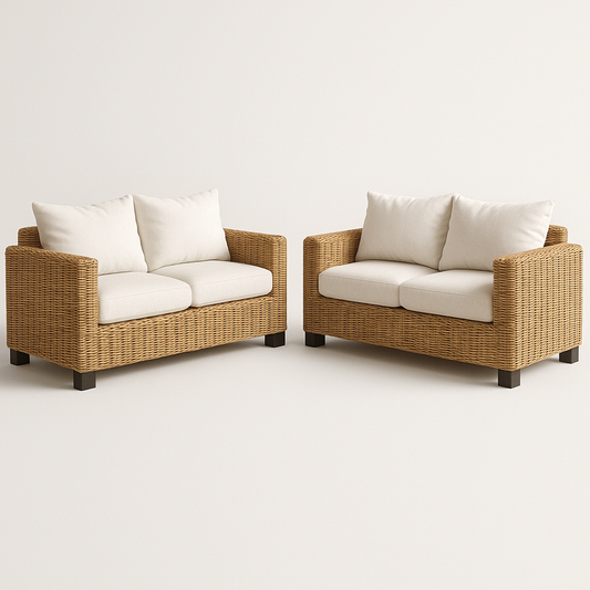 Canapé 2 places ensemble en rotin beige coussins crème