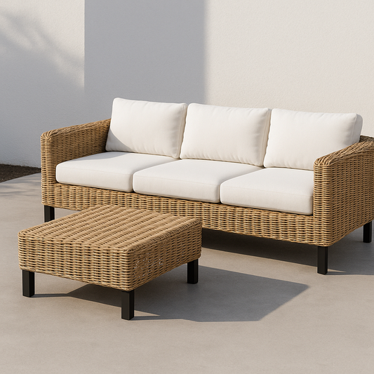 Canapé 3 places avec coussins amovibles en résine tressée Beige/Ivoire Ensemble 2 pièces