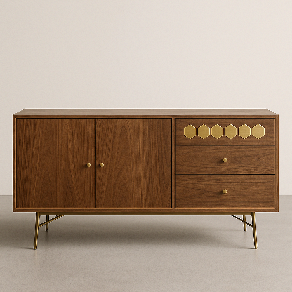 Buffet en bois de noyer rectangulaire 2 portes 2 tiroirs décor laiton