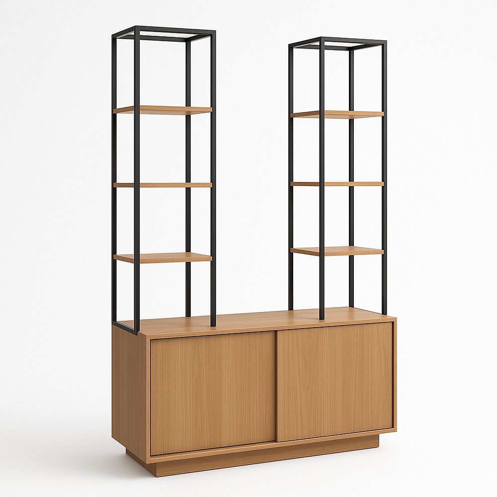 Bibliothèque en bois et métal avec étagères et portes coulissantes