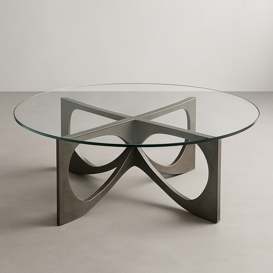 Table Basse Ronde Verre Transparent Bois Sculpté 100cm